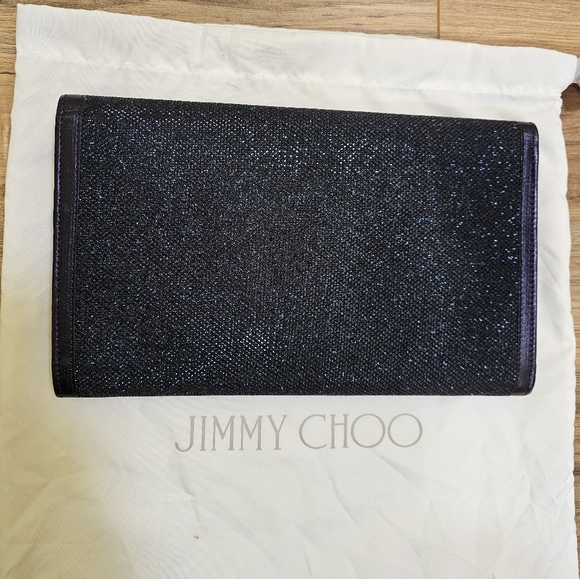 Authentic JIMMY CHOO Glitter Leather Trimmed Reese Clutch, large, color ink - Picture 3 of 16